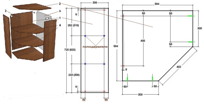 Угловой навесной кухонный шкаф чертеж.